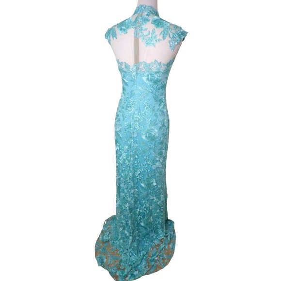 TADASHI SHOJI Embroidered Sheer Lace Mock Neck Gown Aqua 2 NEW - Picture 11 of 13